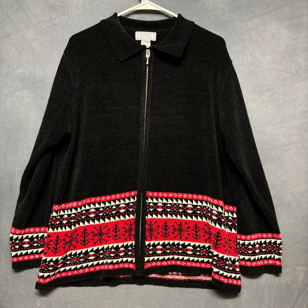 Jennifer Moore Christmas Sweater Women Large Snowflake Full Zip Knit Preppy Trim